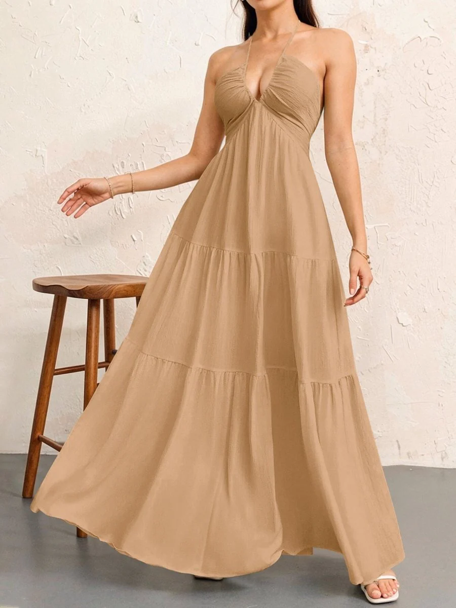Backless Halterneck V-Neck Pleated A Line Dress Ankle-length Skirt For Beach Vacation Summer Dress - Image 11