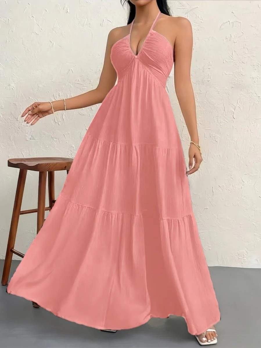 Backless Halterneck V-Neck Pleated A Line Dress Ankle-length Skirt For Beach Vacation Summer Dress - Image 12