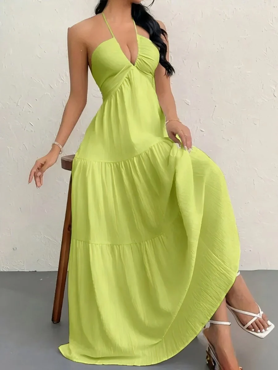 Backless Halterneck V-Neck Pleated A Line Dress Ankle-length Skirt For Beach Vacation Summer Dress - Image 15