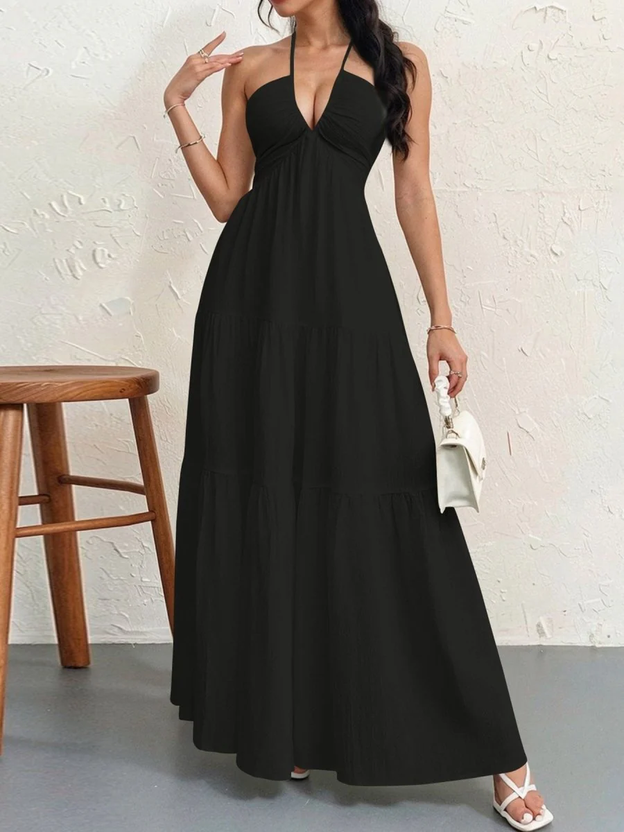 Backless Halterneck V-Neck Pleated A Line Dress Ankle-length Skirt For Beach Vacation Summer Dress - Image 3