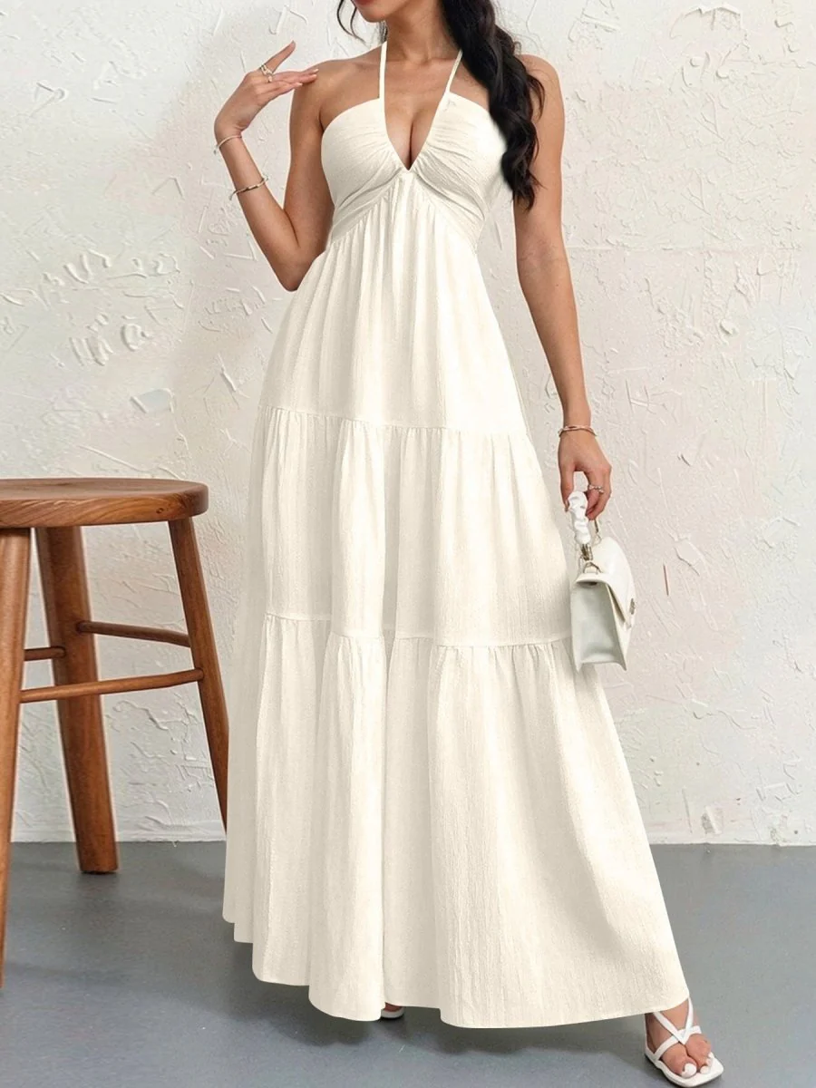 Backless Halterneck V-Neck Pleated A Line Dress Ankle-length Skirt For Beach Vacation Summer Dress - Image 4