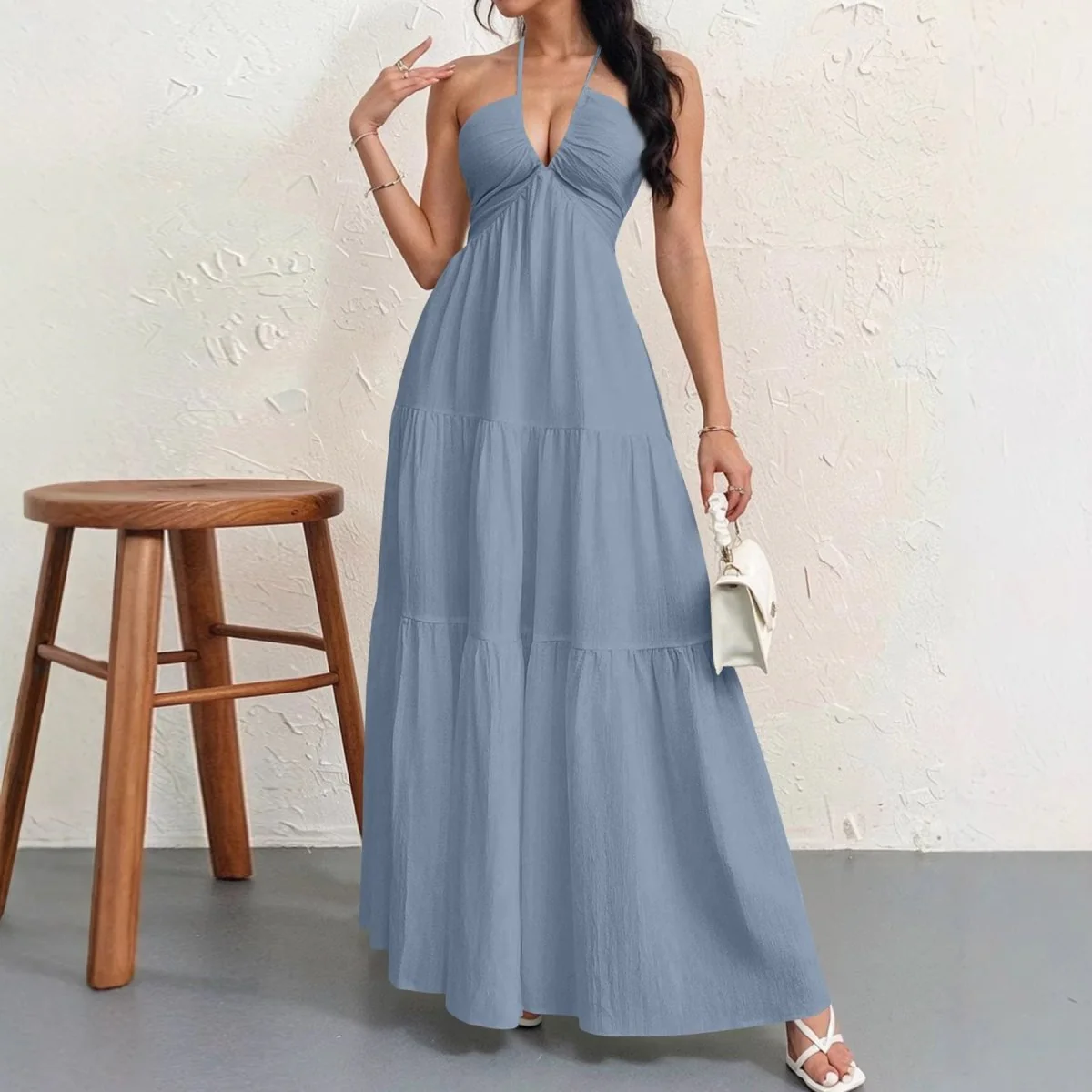 Backless Halterneck V-Neck Pleated A Line Dress Ankle-length Skirt For Beach Vacation Summer Dress - Image 5