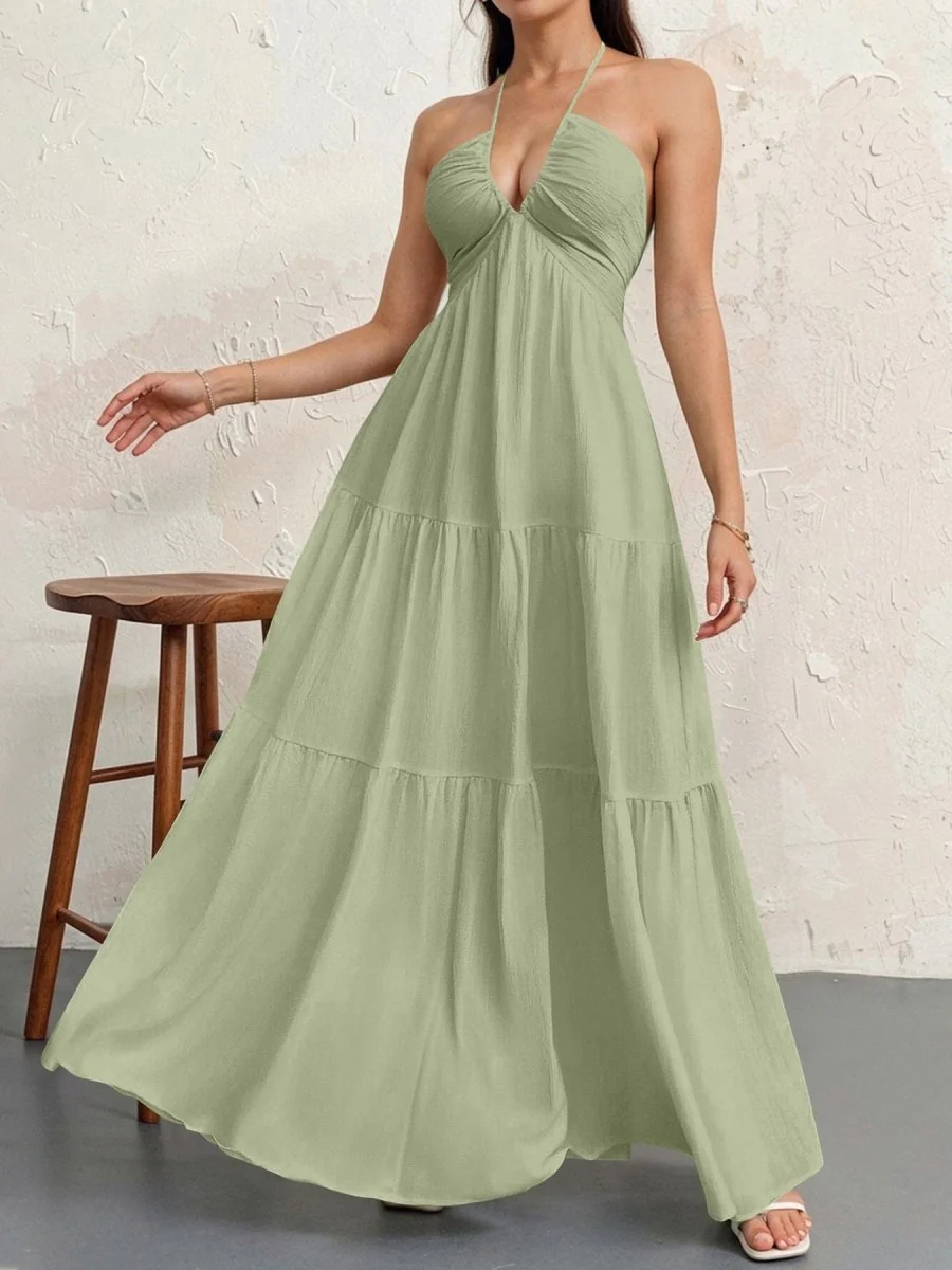 Backless Halterneck V-Neck Pleated A Line Dress Ankle-length Skirt For Beach Vacation Summer Dress - Image 6