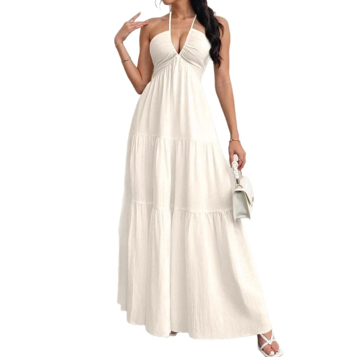 Backless Halterneck V-Neck Pleated A Line Dress Ankle-length Skirt For Beach Vacation Summer Dress - Image 7