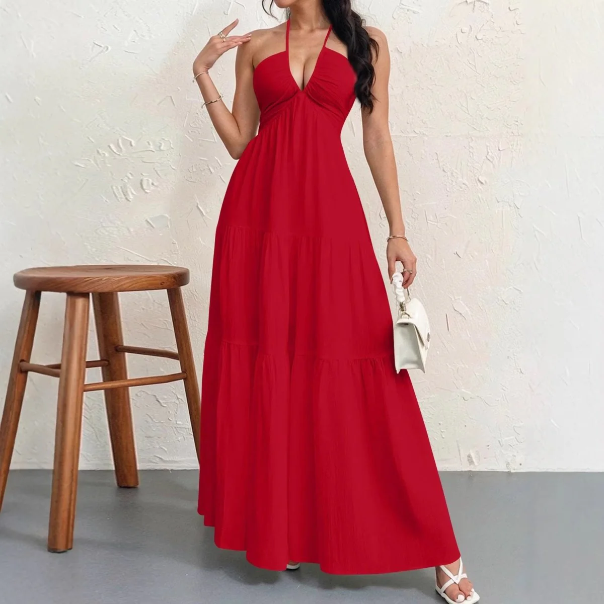 Backless Halterneck V-Neck Pleated A Line Dress Ankle-length Skirt For Beach Vacation Summer Dress - Image 8
