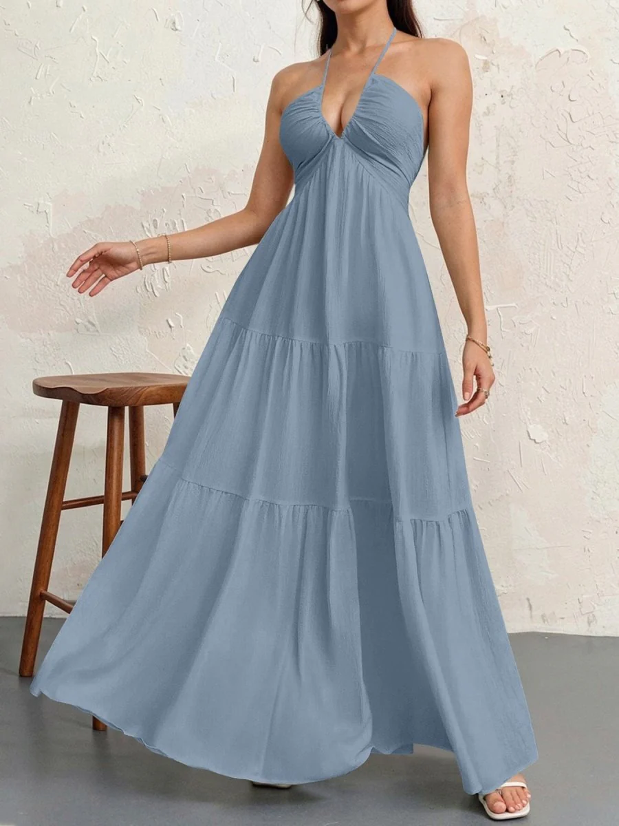 Backless Halterneck V-Neck Pleated A Line Dress Ankle-length Skirt For Beach Vacation Summer Dress - Image 9