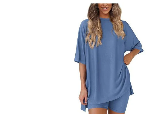 Crewneck Two-Piece Set For Women Summer Casual Oversized Split Hem Shirts & Side Pocket Biker Shorts Minimalist Lounge Wear Soft Viscose Fabric Comfy Homewear Cozy Pjs - Image 12