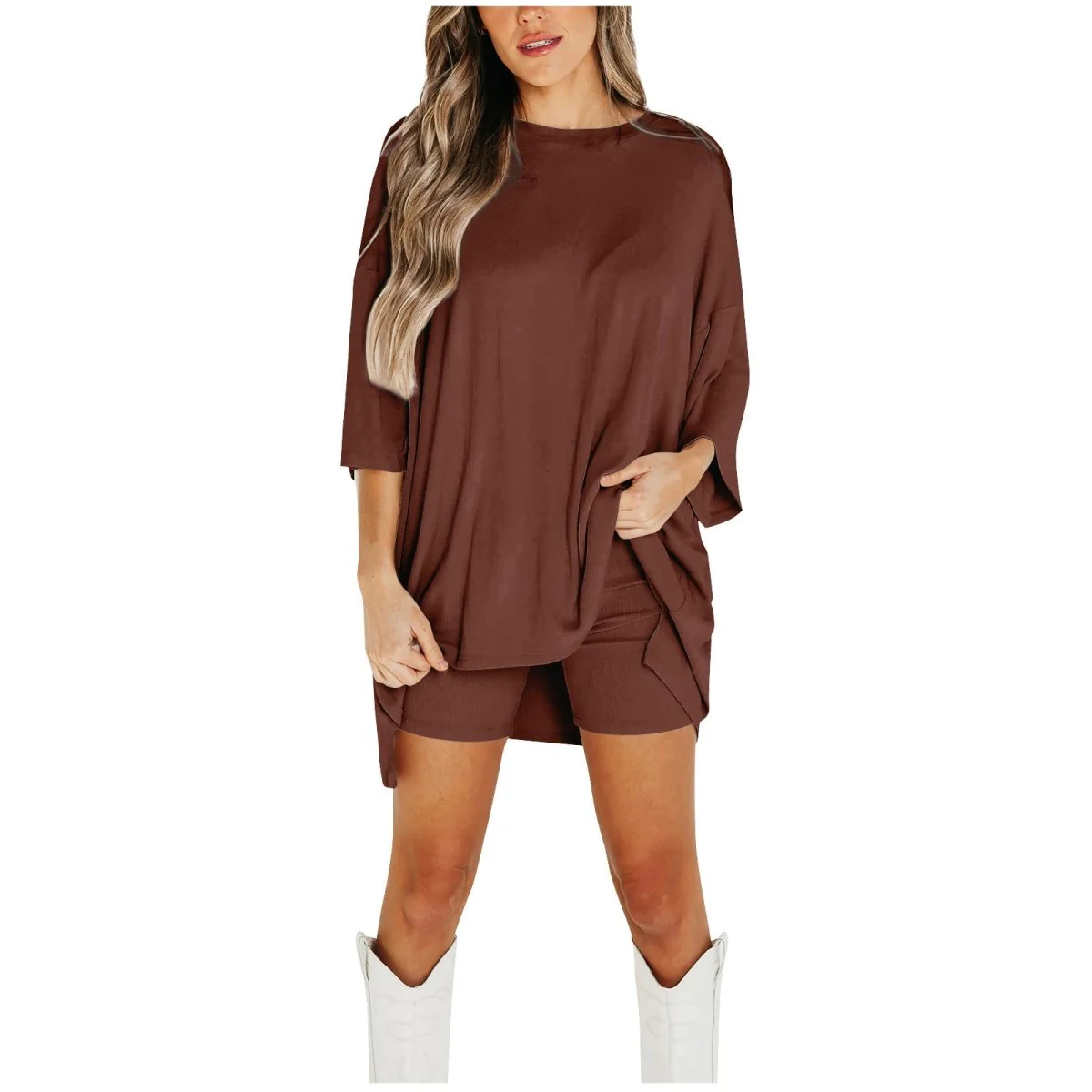 Crewneck Two-Piece Set For Women Summer Casual Oversized Split Hem Shirts & Side Pocket Biker Shorts Minimalist Lounge Wear Soft Viscose Fabric Comfy Homewear Cozy Pjs - Image 13