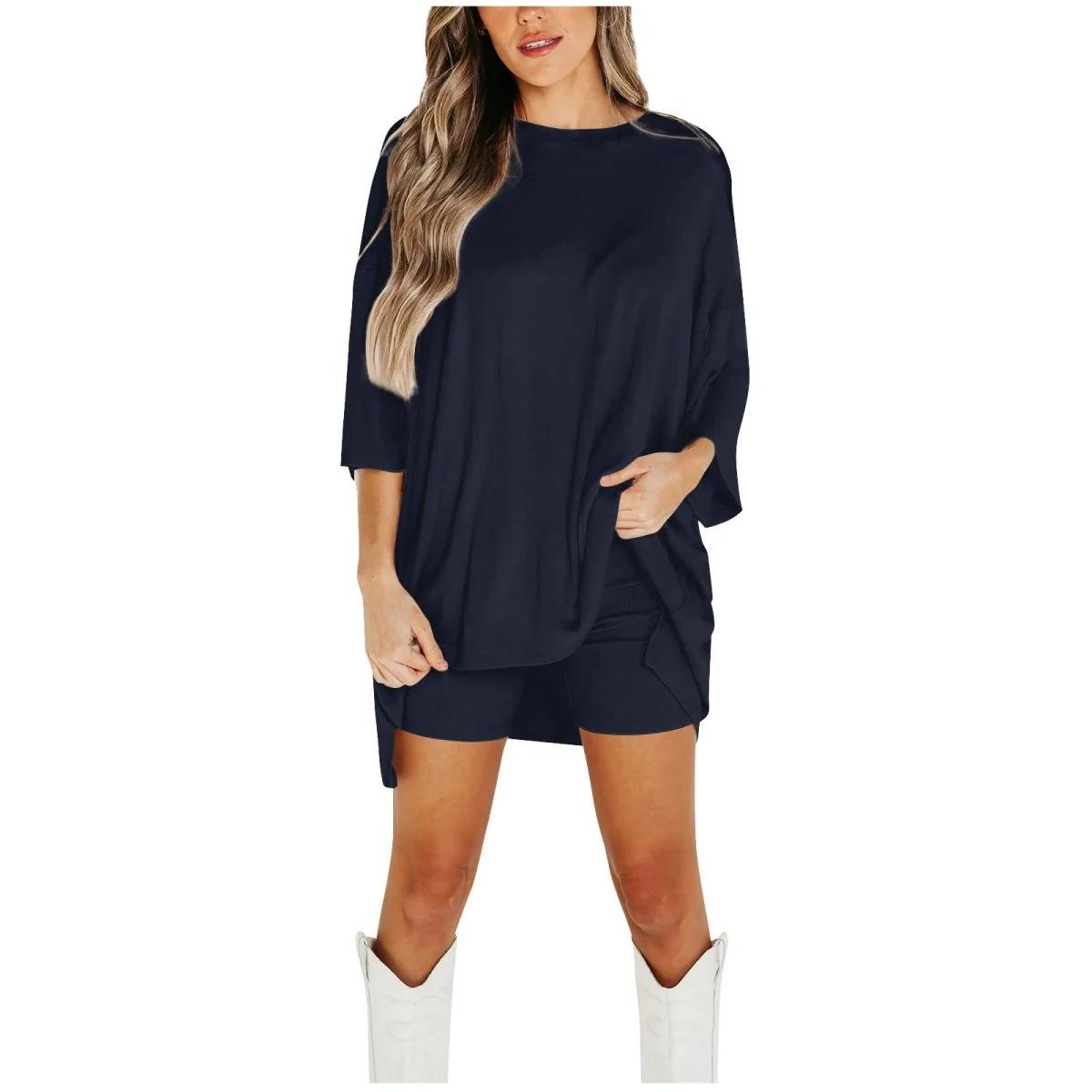 Crewneck Two-Piece Set For Women Summer Casual Oversized Split Hem Shirts & Side Pocket Biker Shorts Minimalist Lounge Wear Soft Viscose Fabric Comfy Homewear Cozy Pjs - Image 16