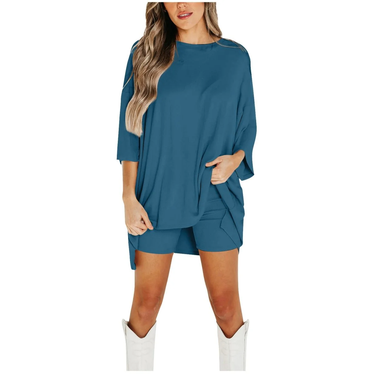 Crewneck Two-Piece Set For Women Summer Casual Oversized Split Hem Shirts & Side Pocket Biker Shorts Minimalist Lounge Wear Soft Viscose Fabric Comfy Homewear Cozy Pjs - Image 17