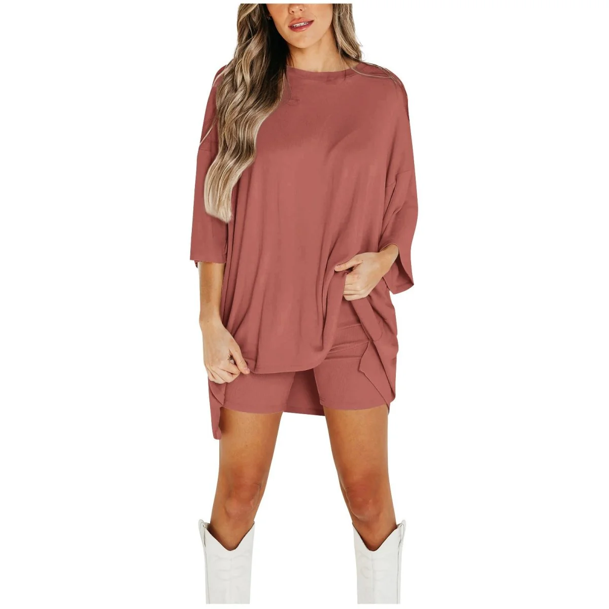 Crewneck Two-Piece Set For Women Summer Casual Oversized Split Hem Shirts & Side Pocket Biker Shorts Minimalist Lounge Wear Soft Viscose Fabric Comfy Homewear Cozy Pjs - Image 18
