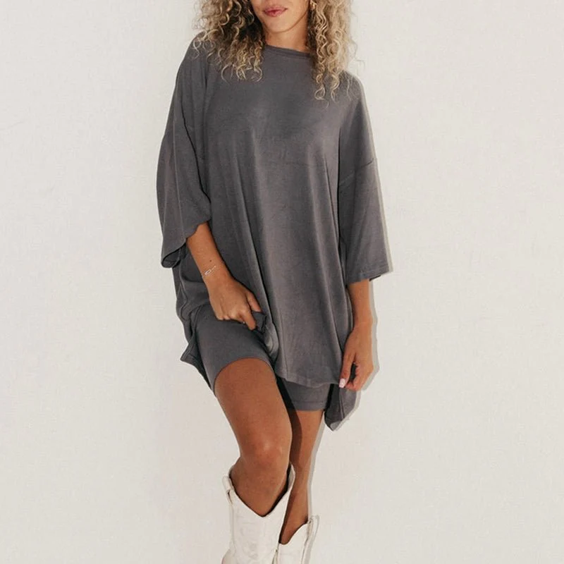 Crewneck Two-Piece Set For Women Summer Casual Oversized Split Hem Shirts & Side Pocket Biker Shorts Minimalist Lounge Wear Soft Viscose Fabric Comfy Homewear Cozy Pjs - Image 3