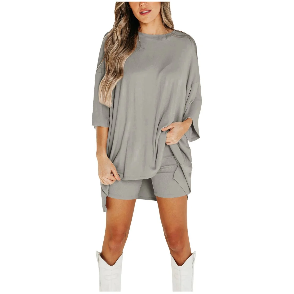 Crewneck Two-Piece Set For Women Summer Casual Oversized Split Hem Shirts & Side Pocket Biker Shorts Minimalist Lounge Wear Soft Viscose Fabric Comfy Homewear Cozy Pjs - Image 4