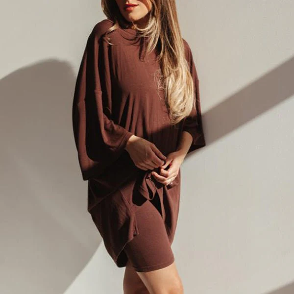 Crewneck Two-Piece Set For Women Summer Casual Oversized Split Hem Shirts & Side Pocket Biker Shorts Minimalist Lounge Wear Soft Viscose Fabric Comfy Homewear Cozy Pjs - Image 6