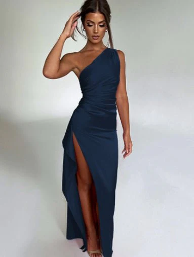 Sexy One Shoulder Satin High Split Cocktail Fit Wedding Party Maxi Formal Dress - Image 11