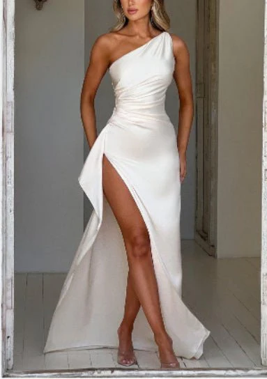 Sexy One Shoulder Satin High Split Cocktail Fit Wedding Party Maxi Formal Dress - Image 20